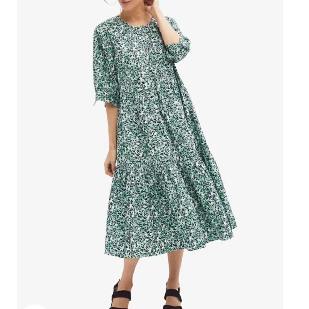 Ellos ivory green ditsy floral tiered cotton midi dress size 14/16